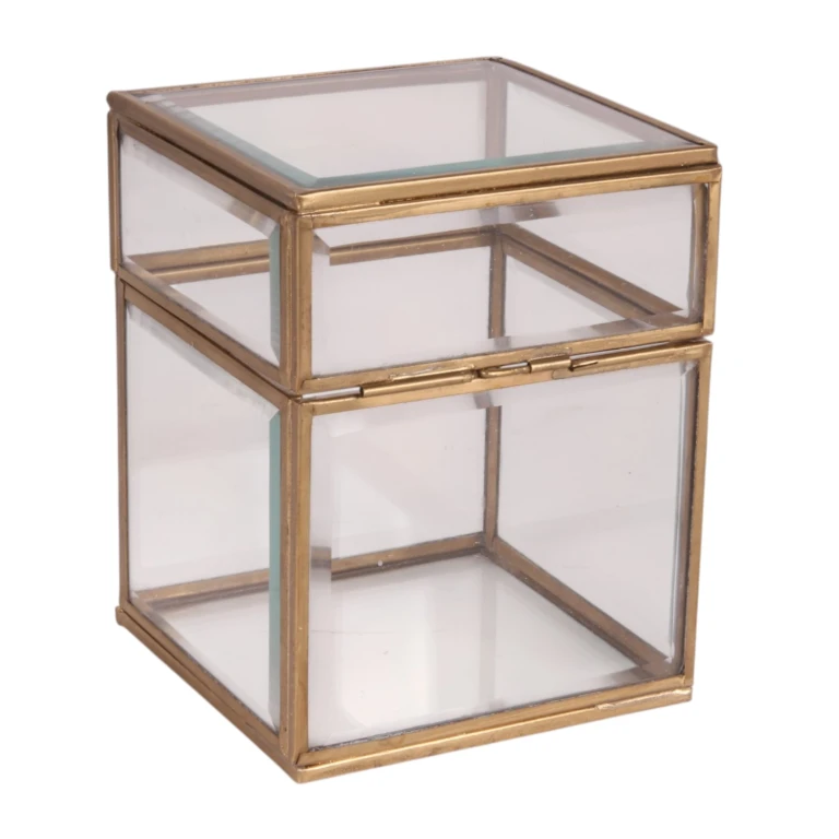 Smykkekasse 10x10x13 cm - guld - messing og glas