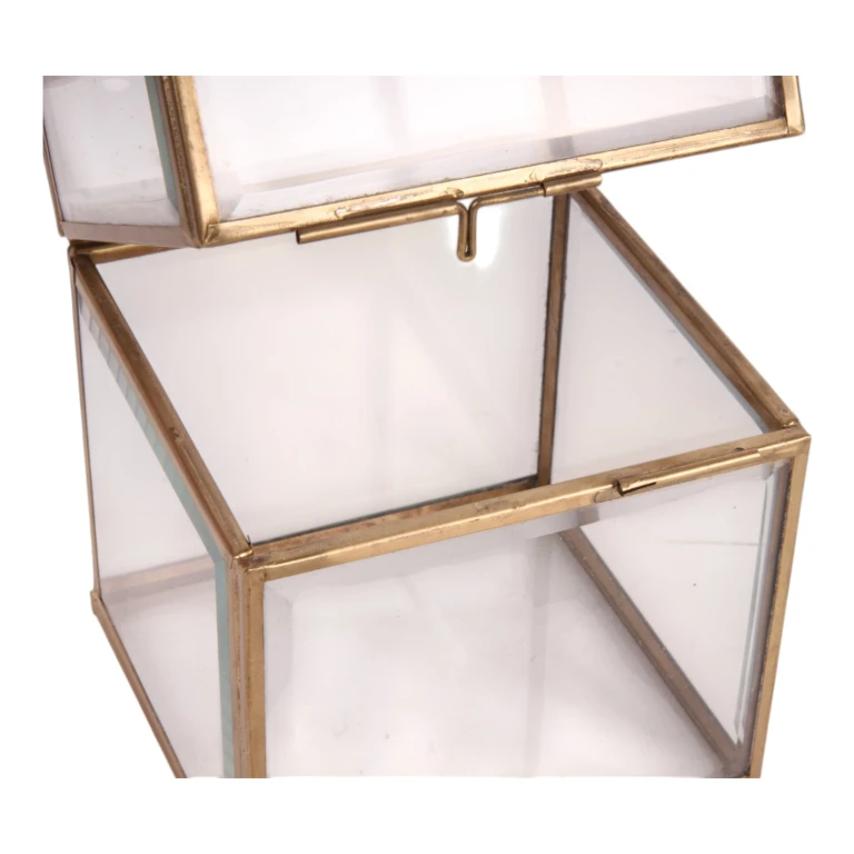 Smykkekasse 10x10x13 cm - guld - messing og glas