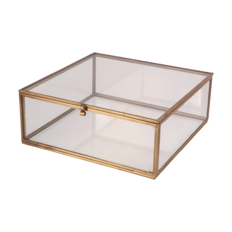 Smykkekasse 20x20x8 cm - guld - messing og glas