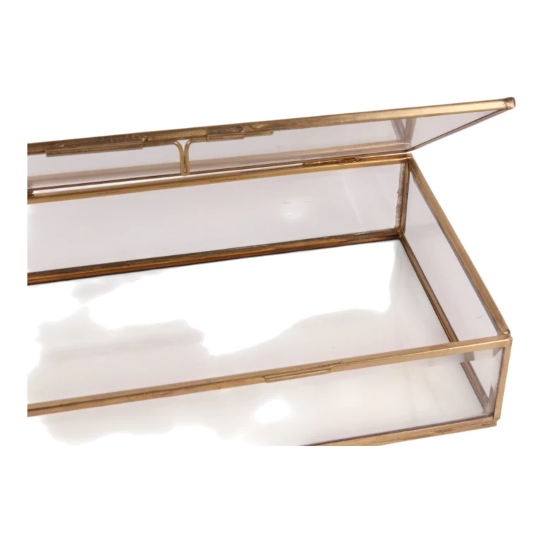 Smykkekasse 20x20x8 cm - guld - messing og glas