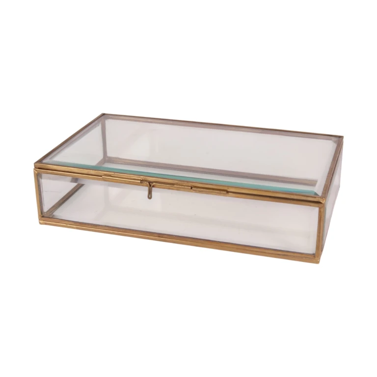 Smykkekasse 22,5x14x5,5 cm - guld - messing og glas