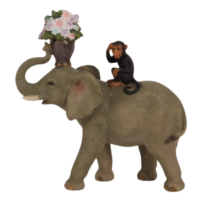 Dyrebillede elefant med abe - brun - 17 cm