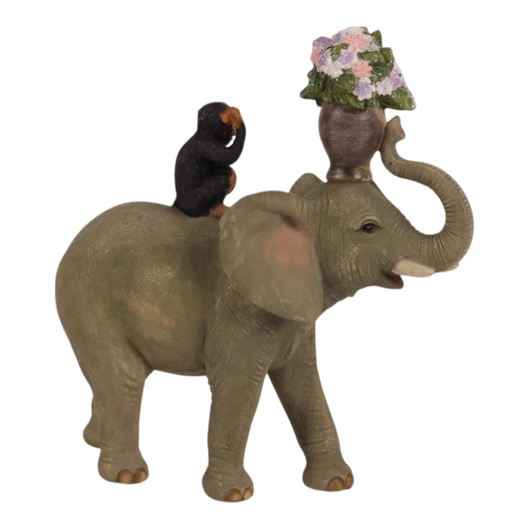 Dyrebillede elefant med abe - brun - 17 cm