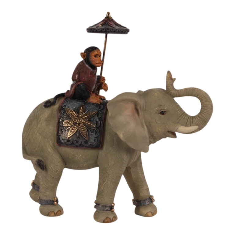 Dyrebillede Elefant med abe - brun - 19 cm