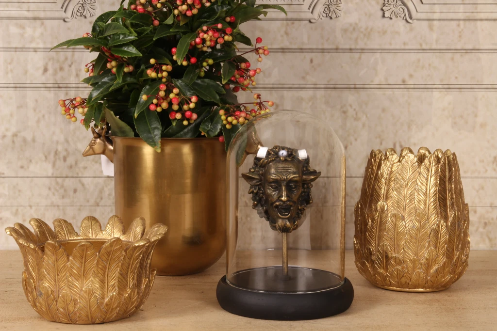 Bacchus-figur med glasdæksel – guld – 23 cm – kunstharpiks