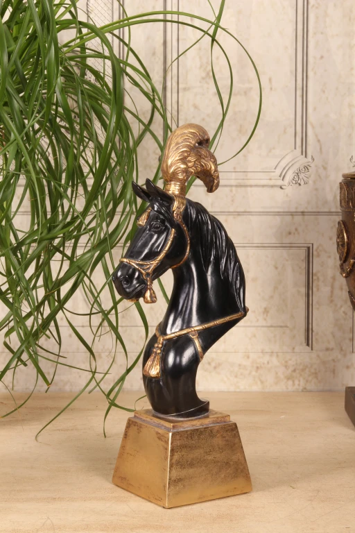 Hestehoved skulptur - sort/guld - 36,5 cm