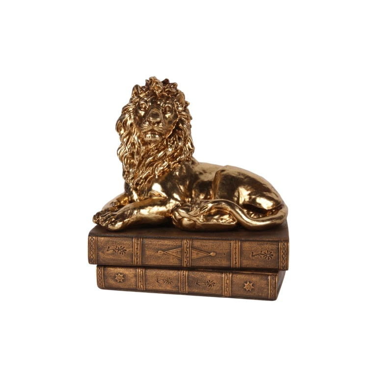 Løvefigur på bøger - guld - 21 cm