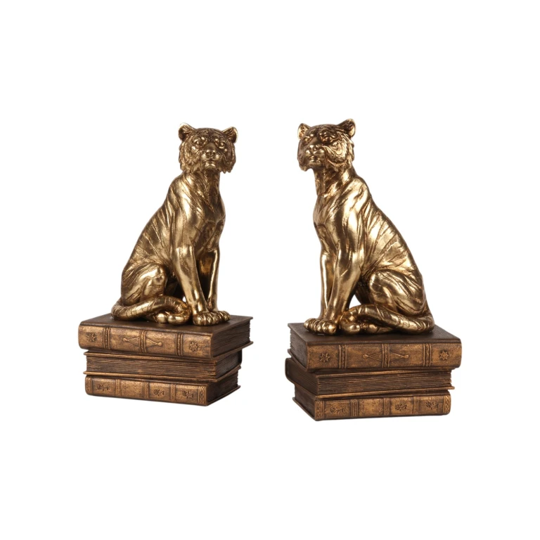 Tigerfigur på bøger - guld - 29 cm