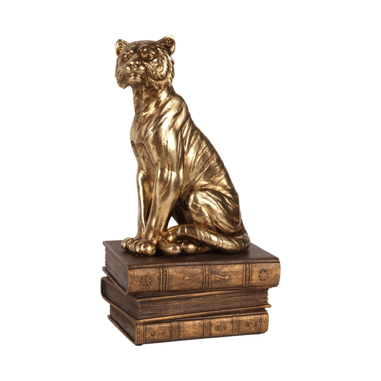 Tigerfigur på bøger - guld - 29 cm