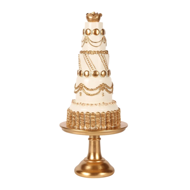 Dekorativ kage - hvid/creme med guld - 47 cm - kunstharpiks