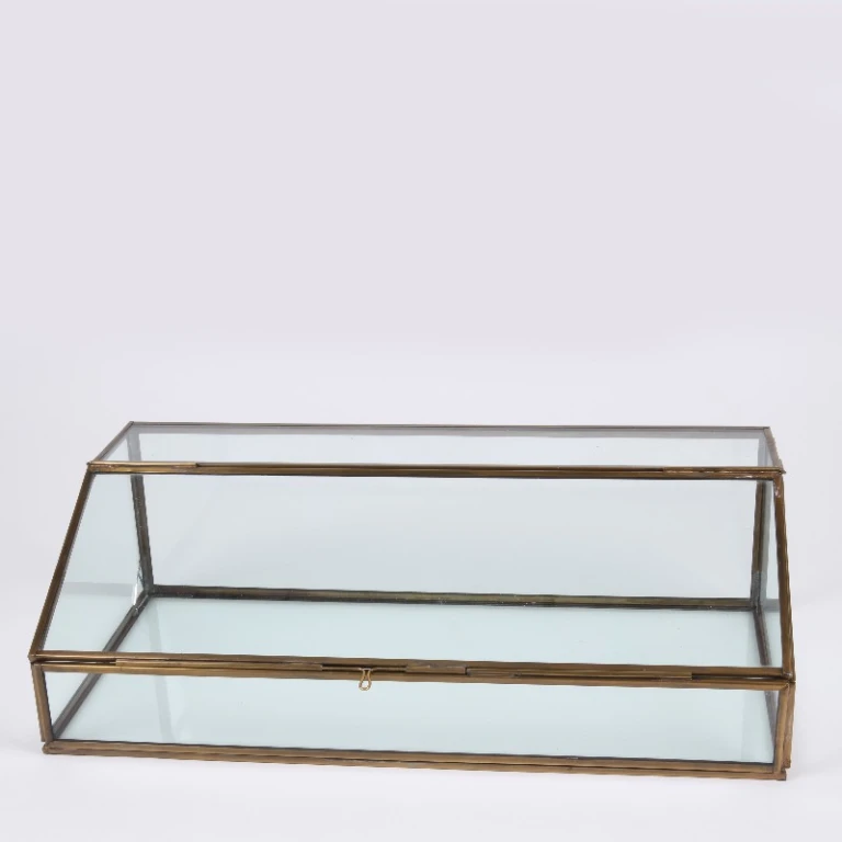 Rektangulær opbevaringsboks - 15 cm - guld - messing og glas
