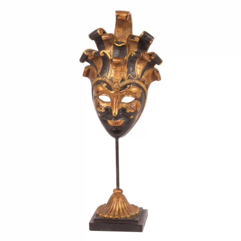 Dekorativ maske på fod - sort/guld - 28 cm - kunstharpiks