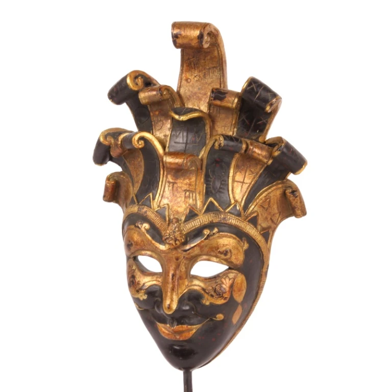 Dekorativ maske på fod - sort/guld - 28 cm - kunstharpiks
