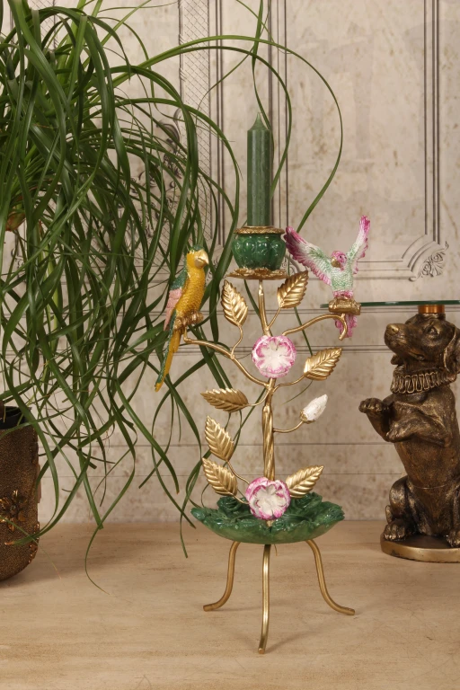 Kandelaber Fugle - 38,5 cm - grøn - kunstharpiks