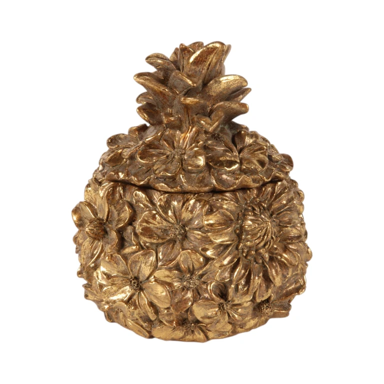 Opbevaringsboks med blomster - 12,5 cm - guld - kunstharpiks