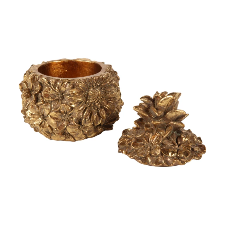 Opbevaringsboks med blomster - 12,5 cm - guld - kunstharpiks