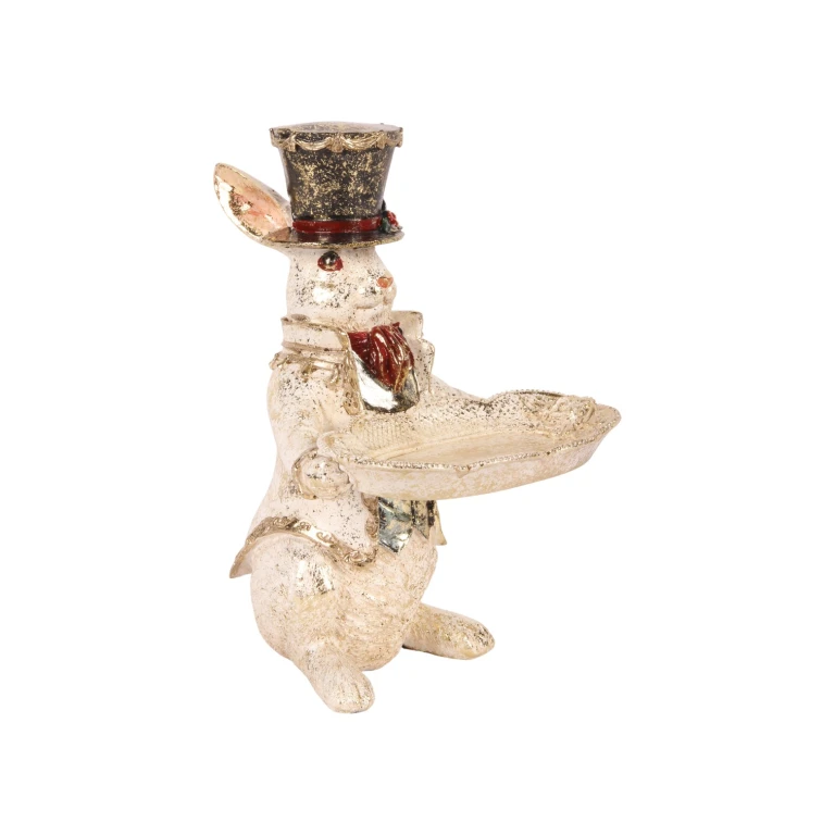 Kaninestatuette med skål - hvid - 23 cm