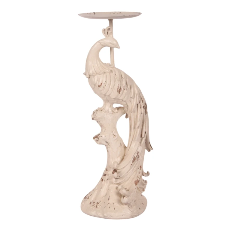 Kandelaber Påfugl - 13 cm - hvid/creme - kunstharpiks
