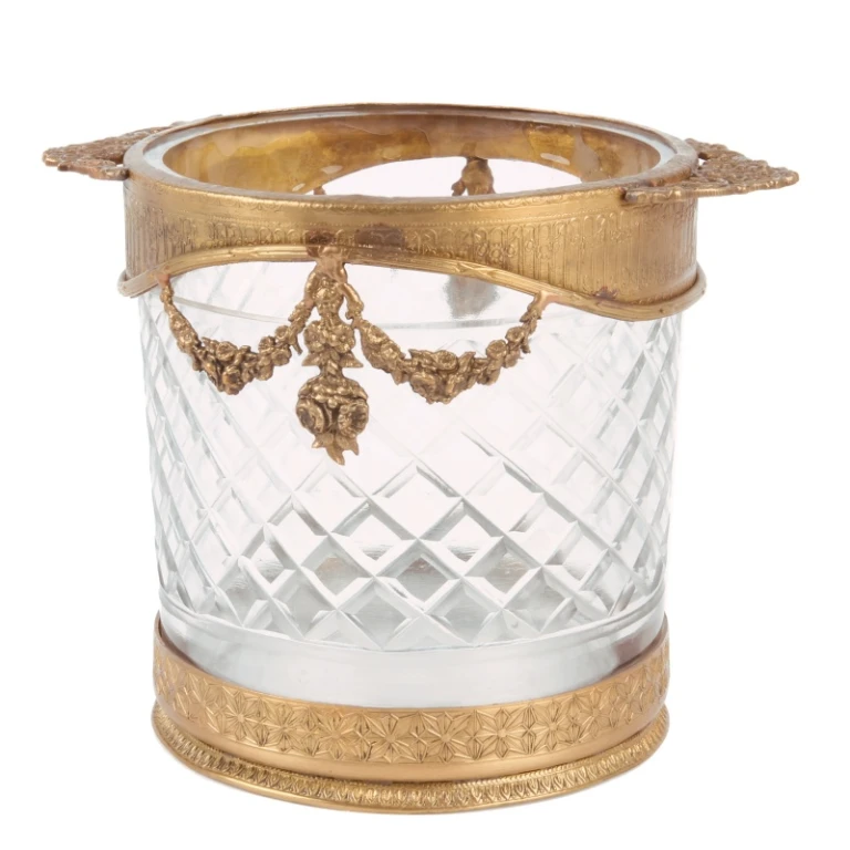 Flaskeholder - guld - 15 cm - messing og glas